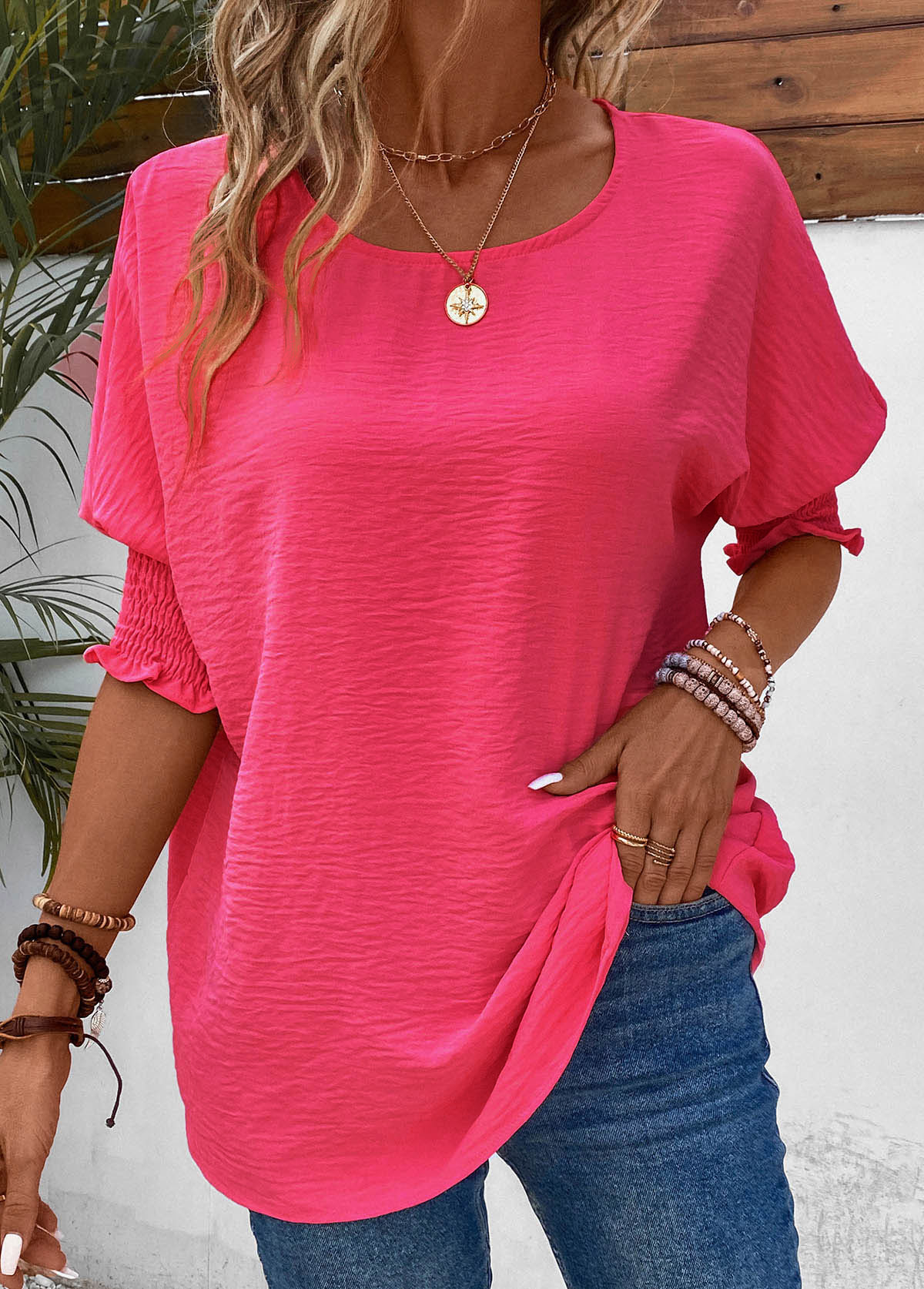 Hot Pink Smocked Half Sleeve T Shirt | modlily.com - USD 27.98