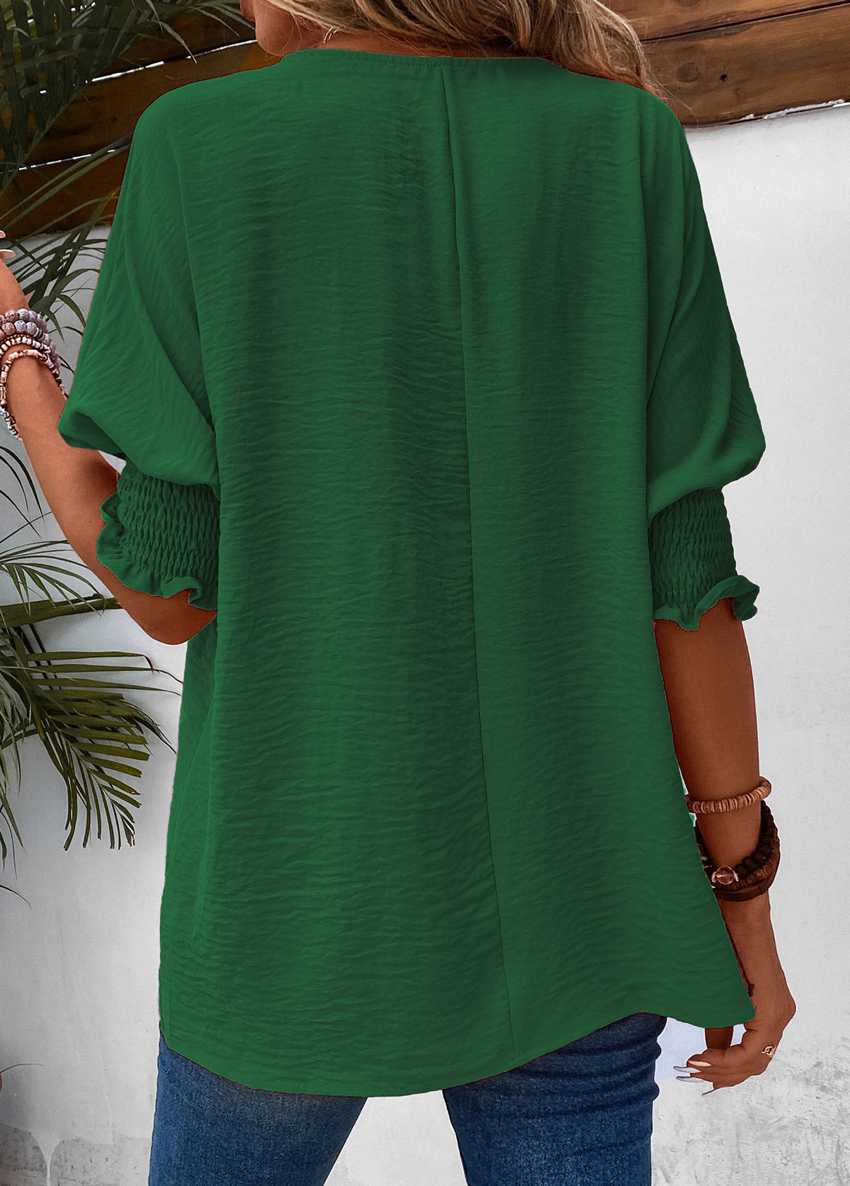 Green Smocked Half Sleeve Round Neck T Shirt | modlily.com - USD 27.98