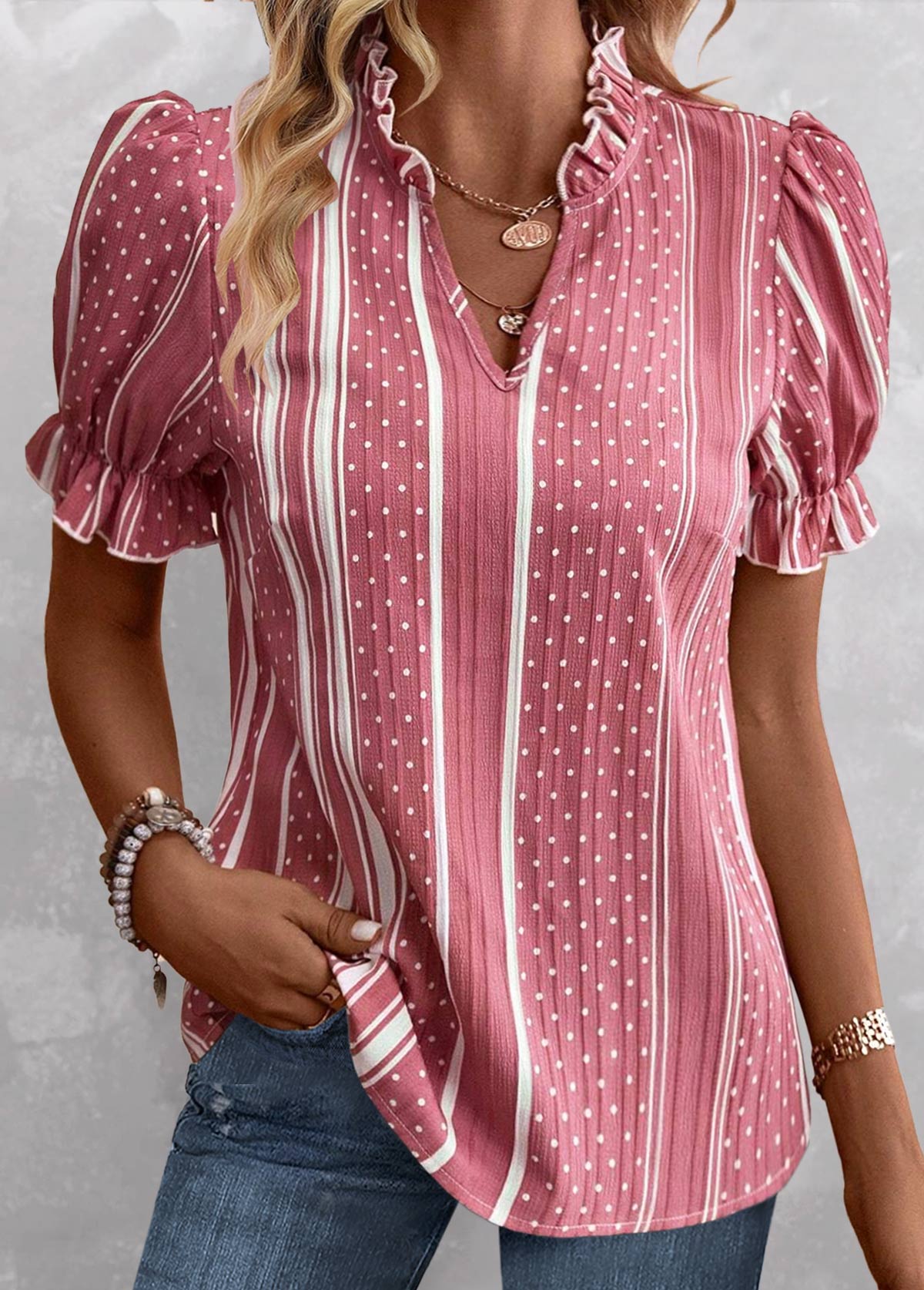 Pink Split Striped Short Sleeve Blouse | picture 