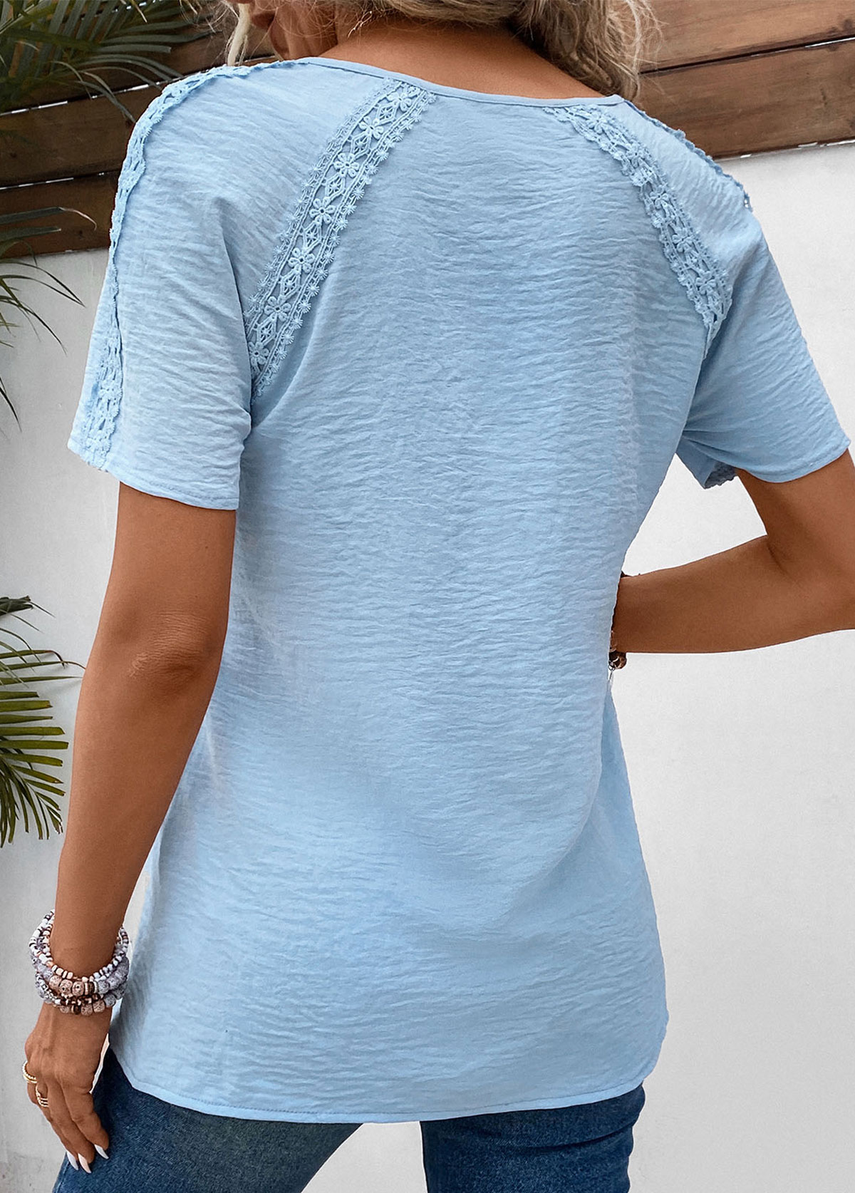 Light Blue Patchwork Short Sleeve Split Neck Blouse | picture 