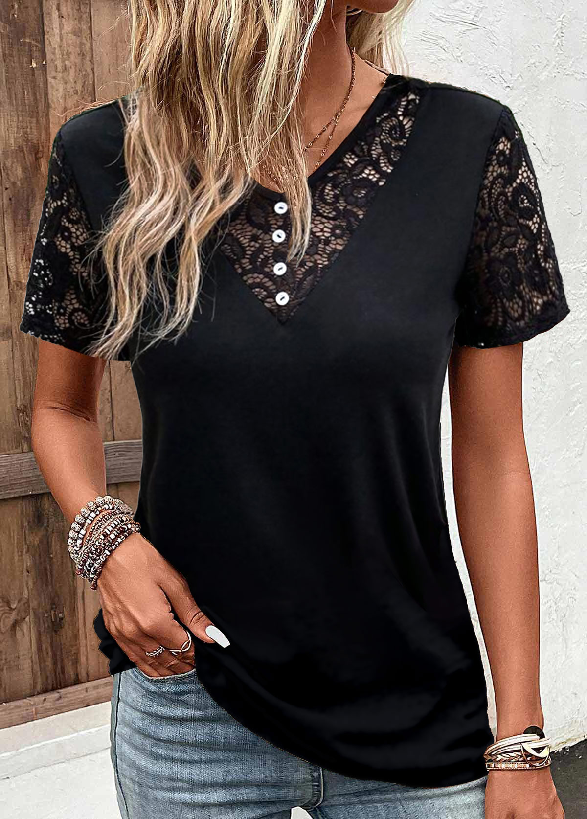 Black Lace Short Sleeve V Neck T Shirt | modlily.com - USD 22.98