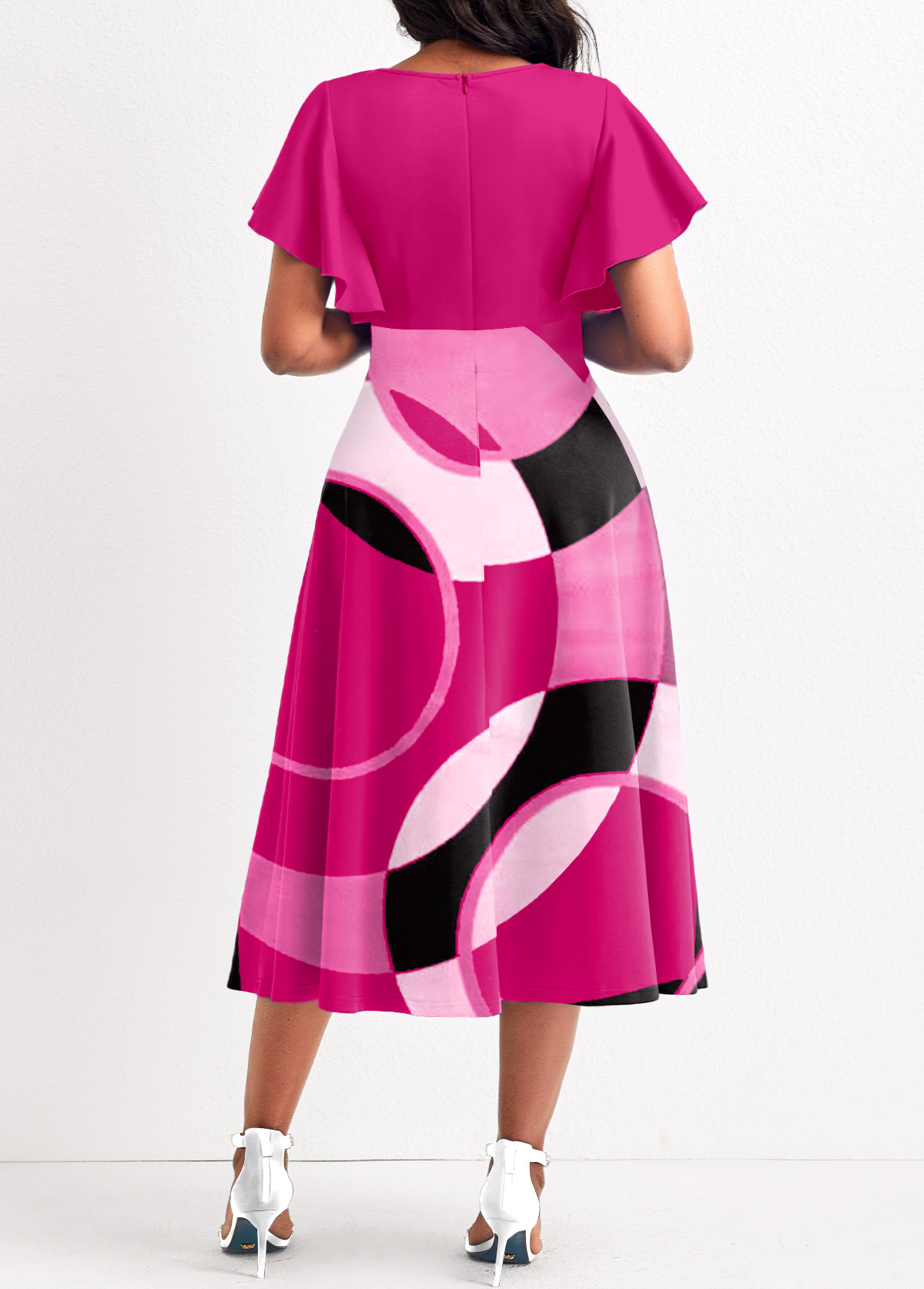 Hot Pink Umbrella Hem Geometric Print Dress