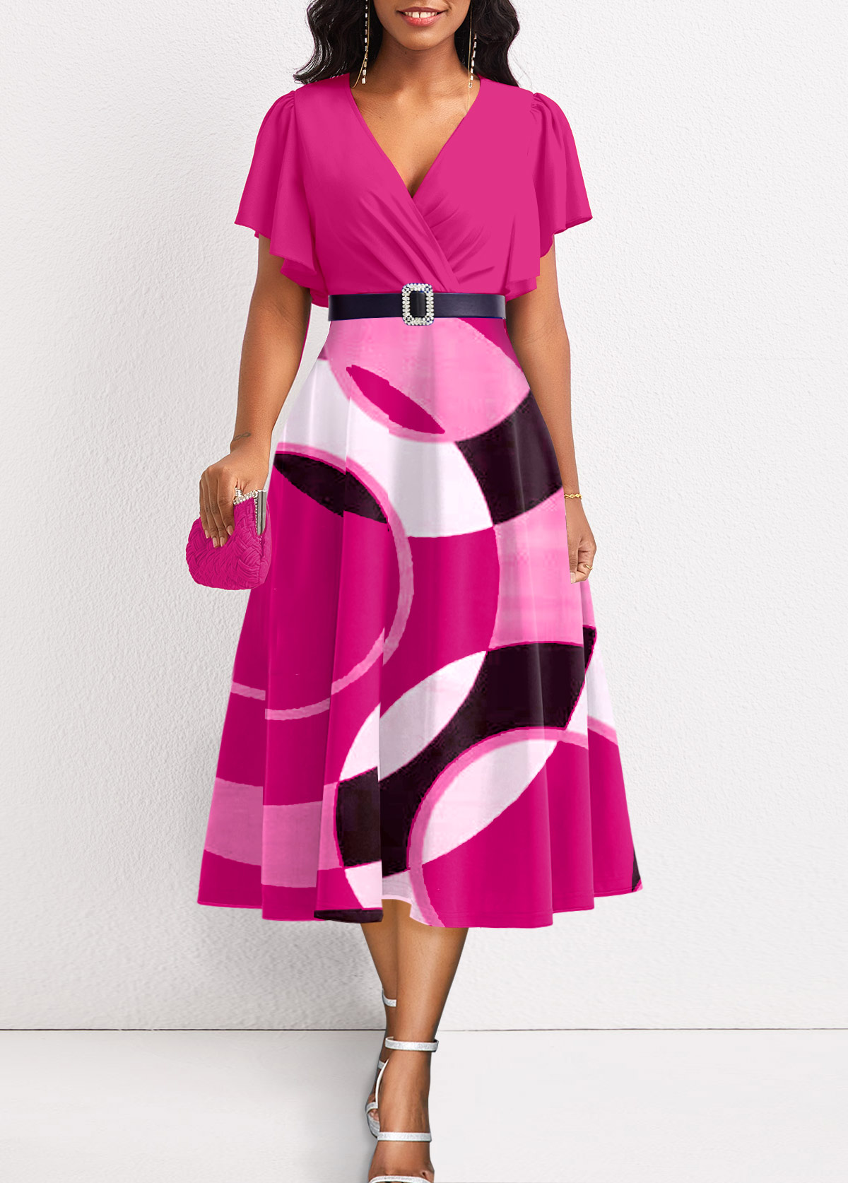 Hot Pink Umbrella Hem Geometric Print Dress