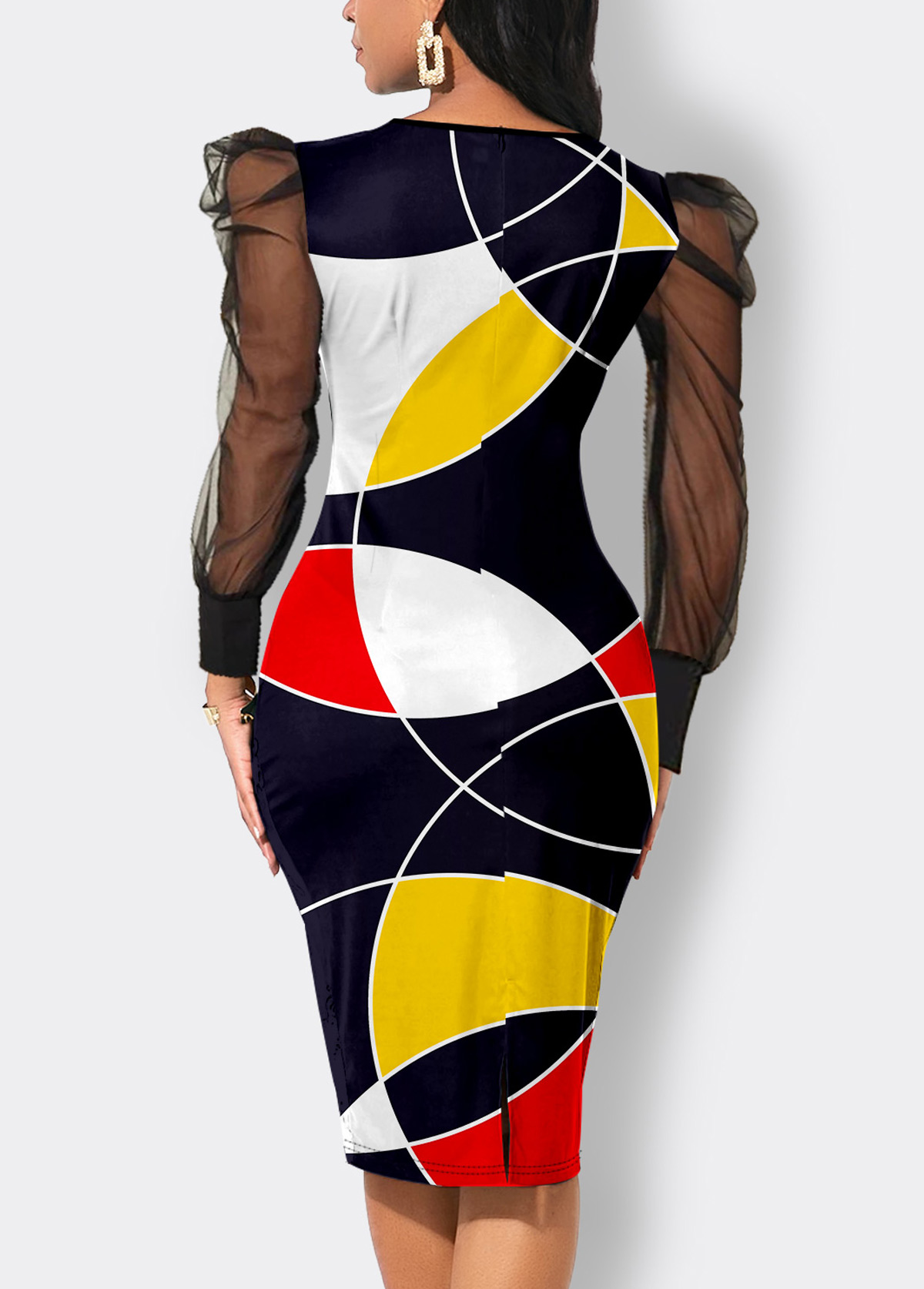 Multi Color Mesh Geometric Print Bodycon Dress