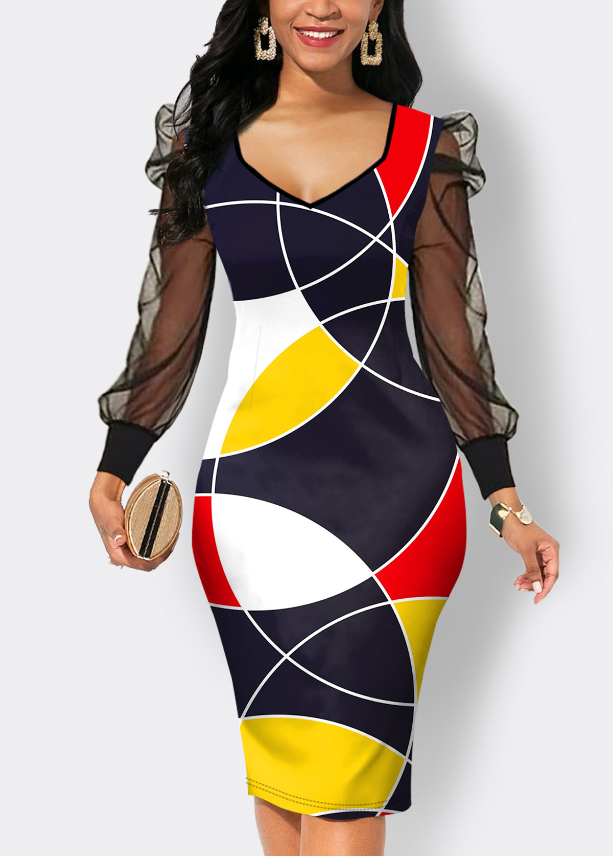 Multi Color Mesh Geometric Print Bodycon Dress