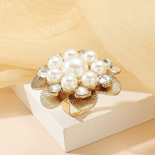 Gold Floral Design Pearl Detail Ring