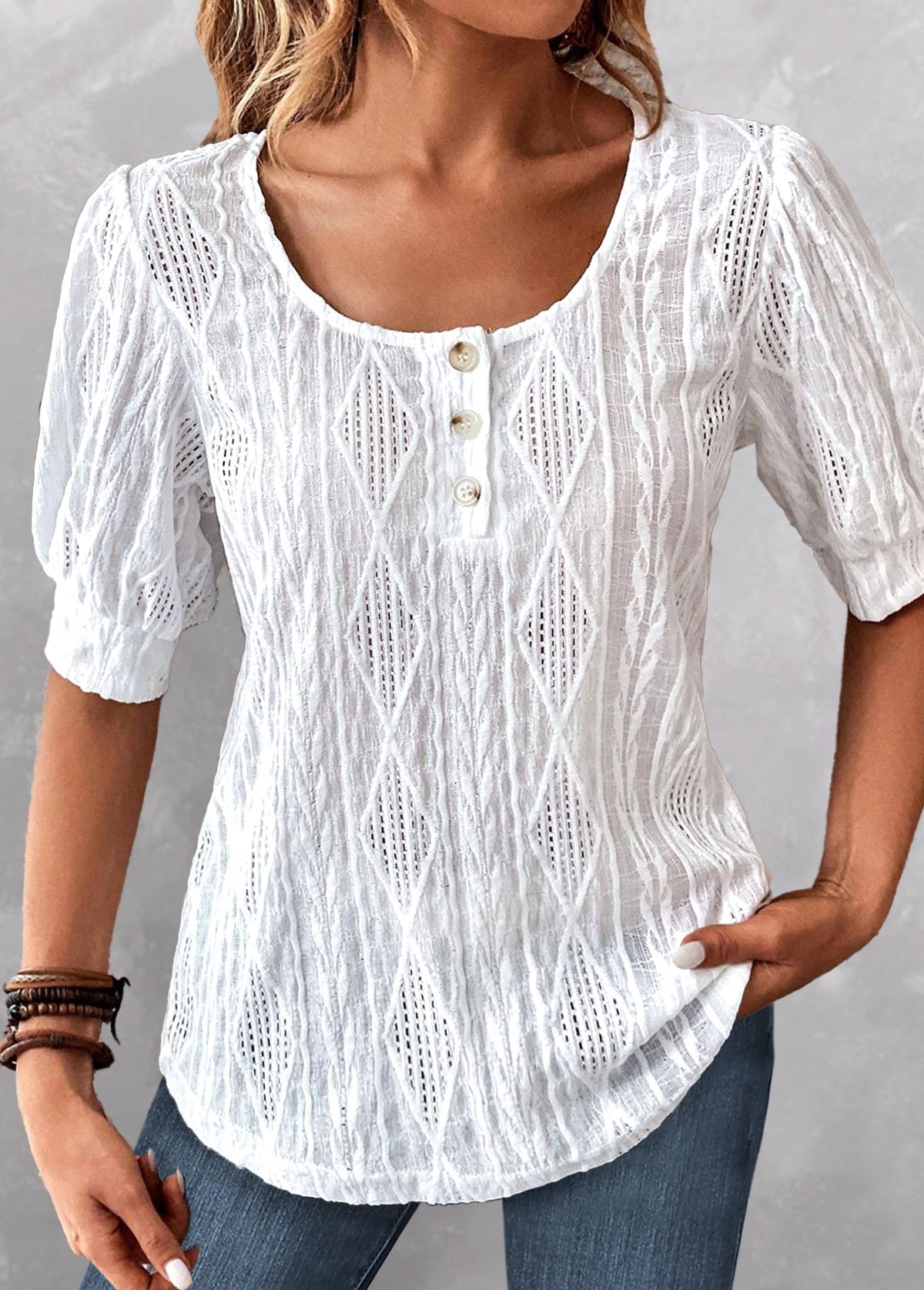 White Jacquard Short Sleeve Round Neck Blouse | picture 