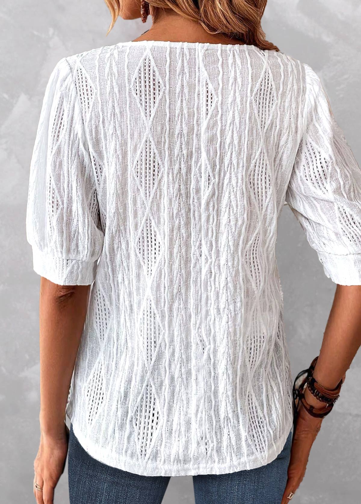 White Jacquard Short Sleeve Round Neck Blouse | picture 