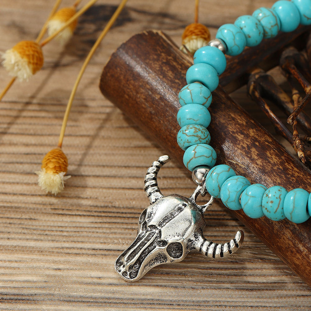 Turquoise Round Ox Design Bohemian Alloy Bracelet