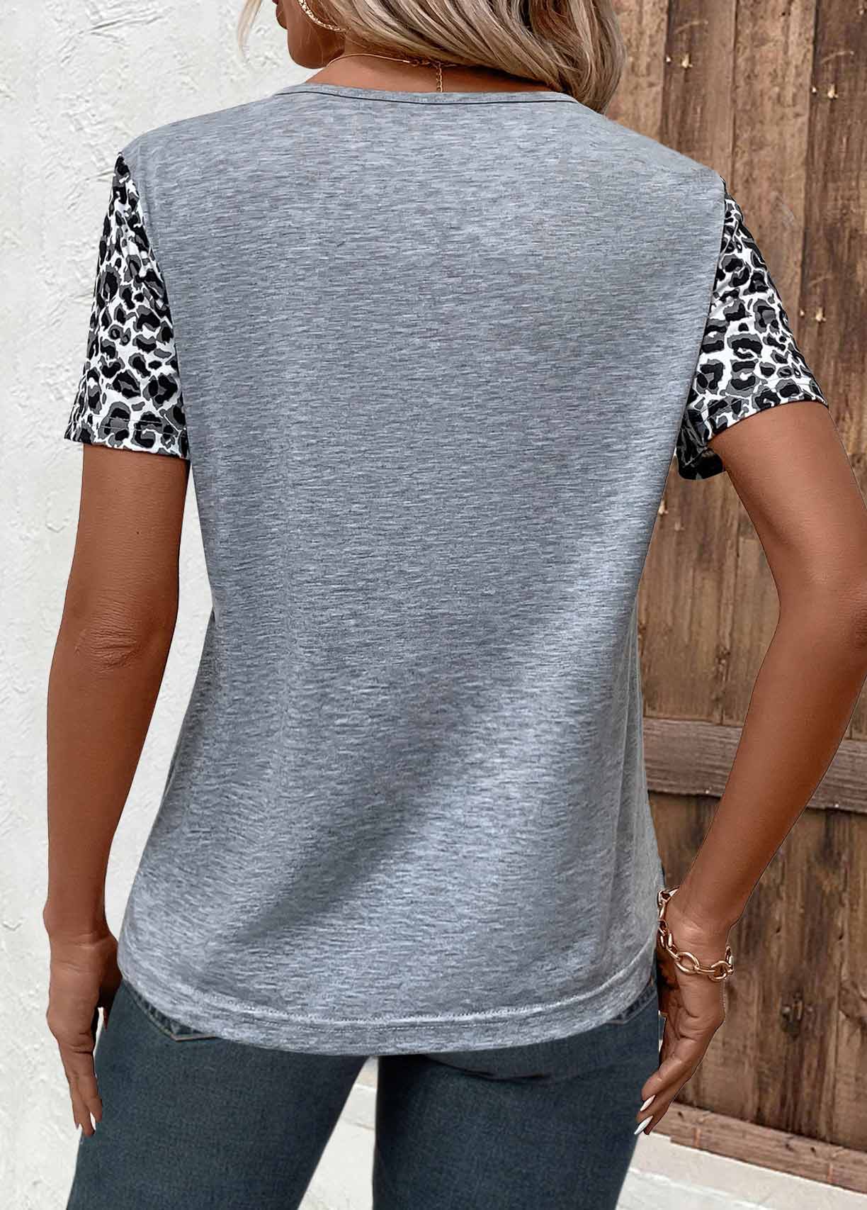 Grey Zipper Leopard Short Sleeve T Shirt