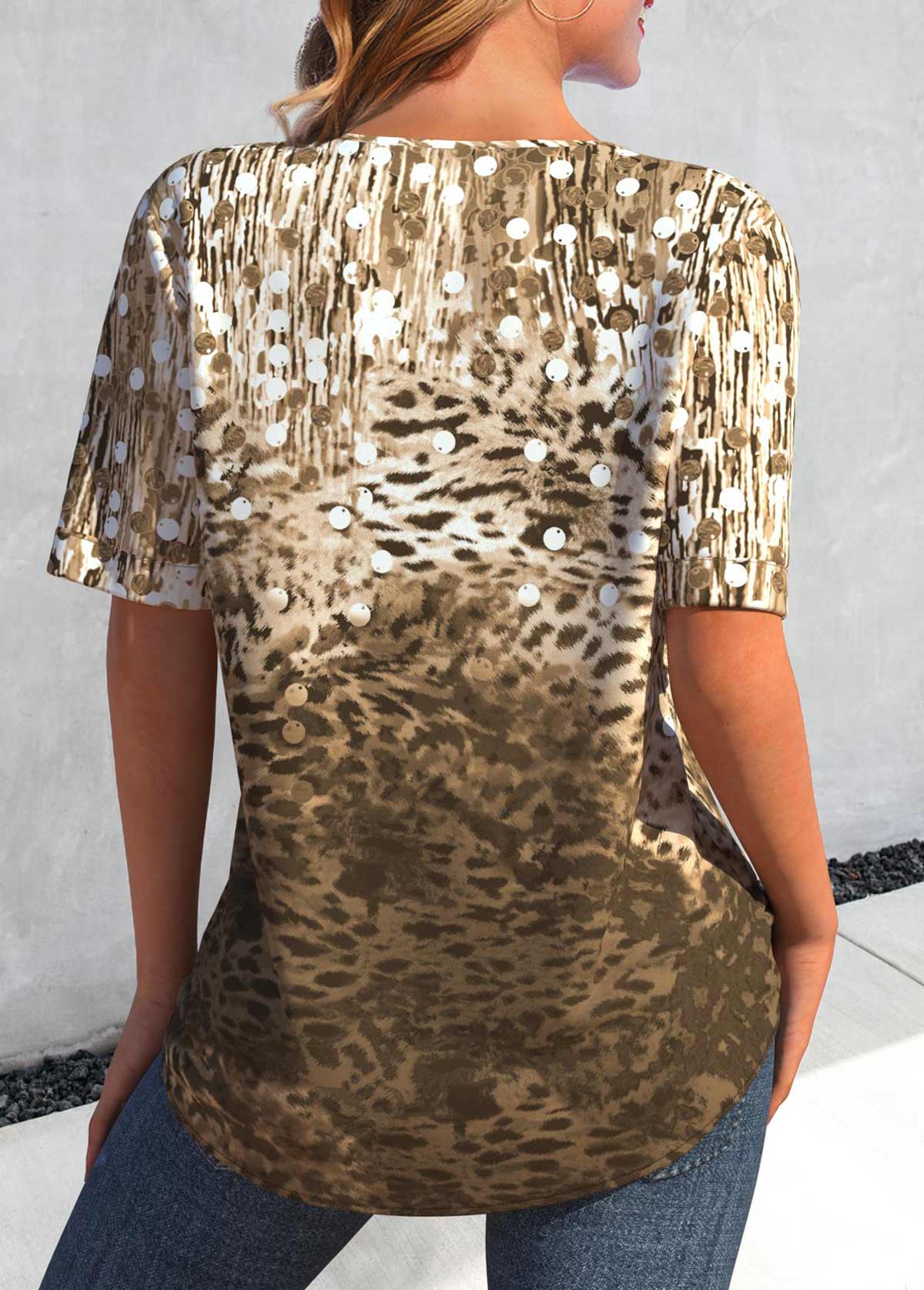 Light Camel Button Leopard Short Sleeve Blouse