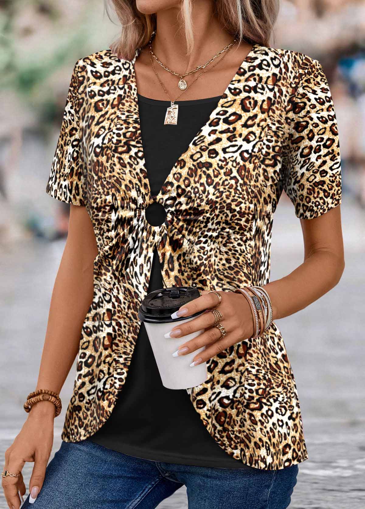 Dark Coffee Leopard Short Sleeve Fake Two Piece Twinset | picture 