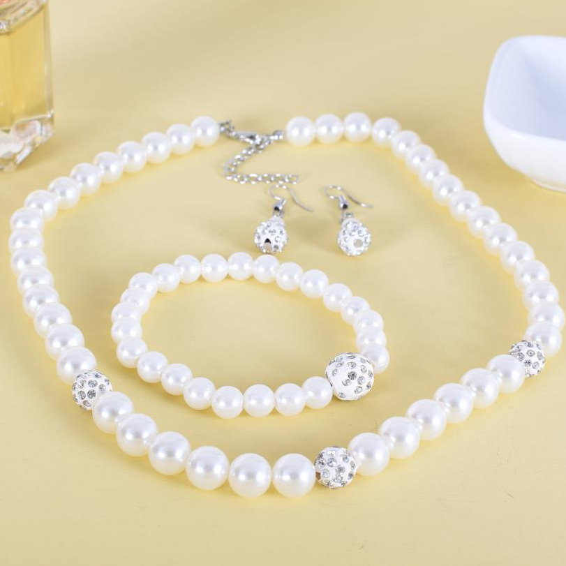 Pearl Silvery White Necklace Earrings and Bracelet