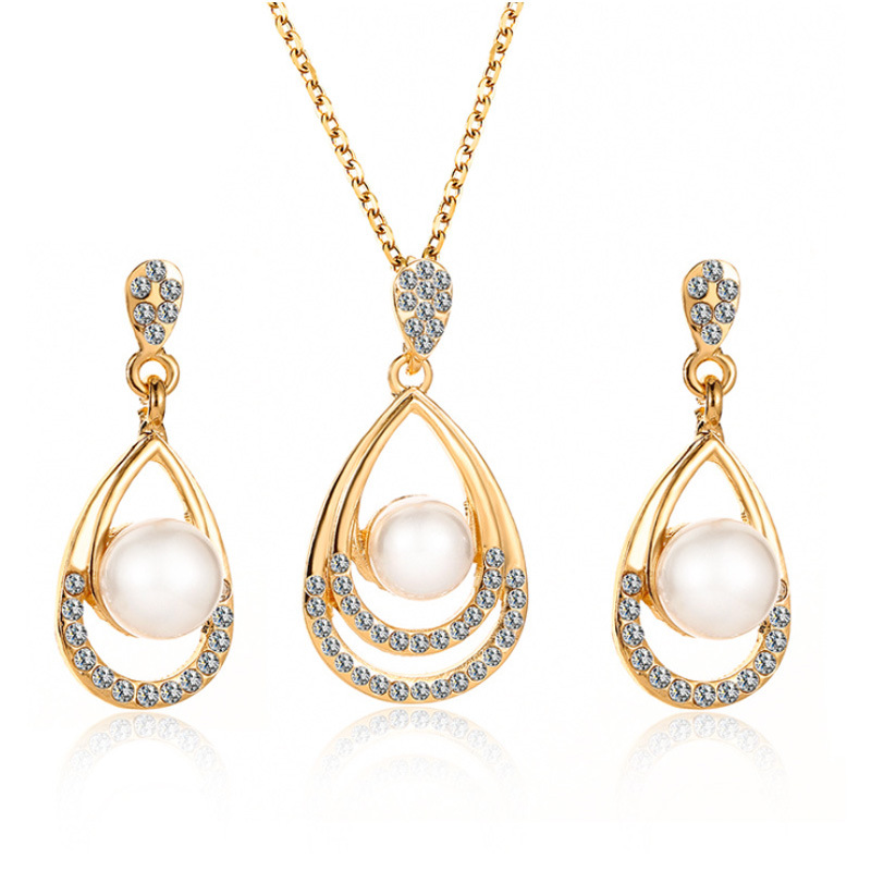 Gold Alloy Pearl Rhinestone Earrings and Necklace