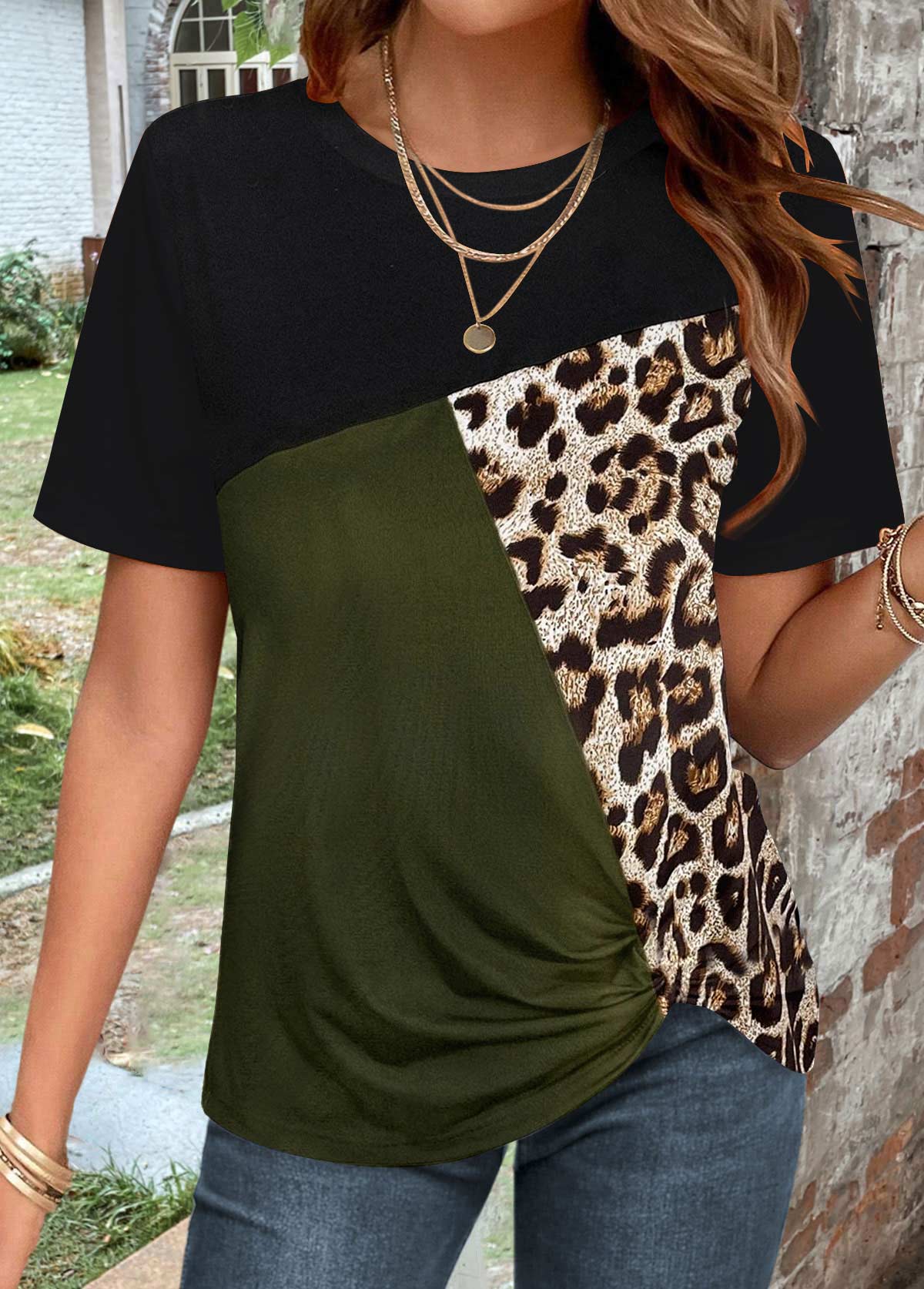 Green Patchwork Leopard Short Sleeve T Shirt