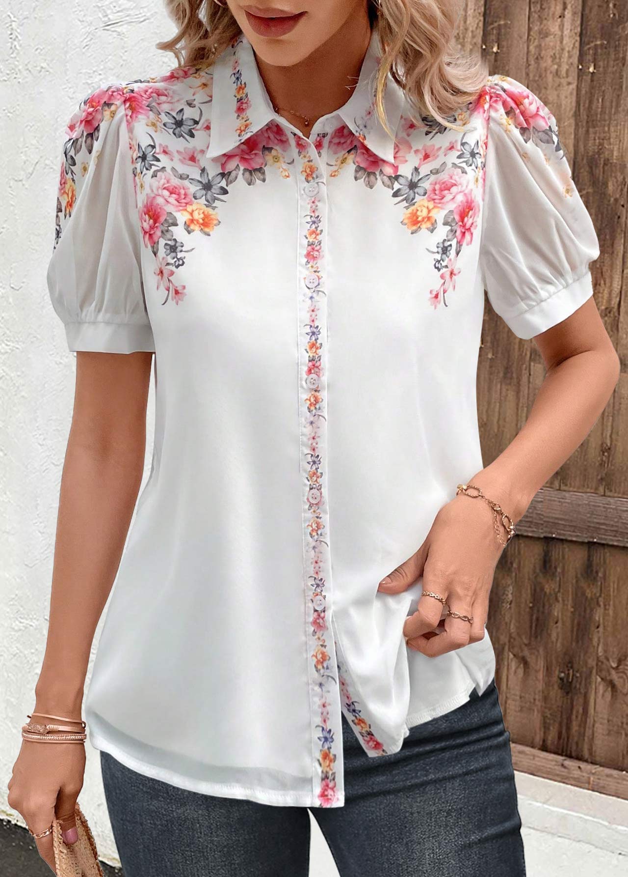 Valentine's Day White Button Floral Print Short Sleeve Blouse | picture 