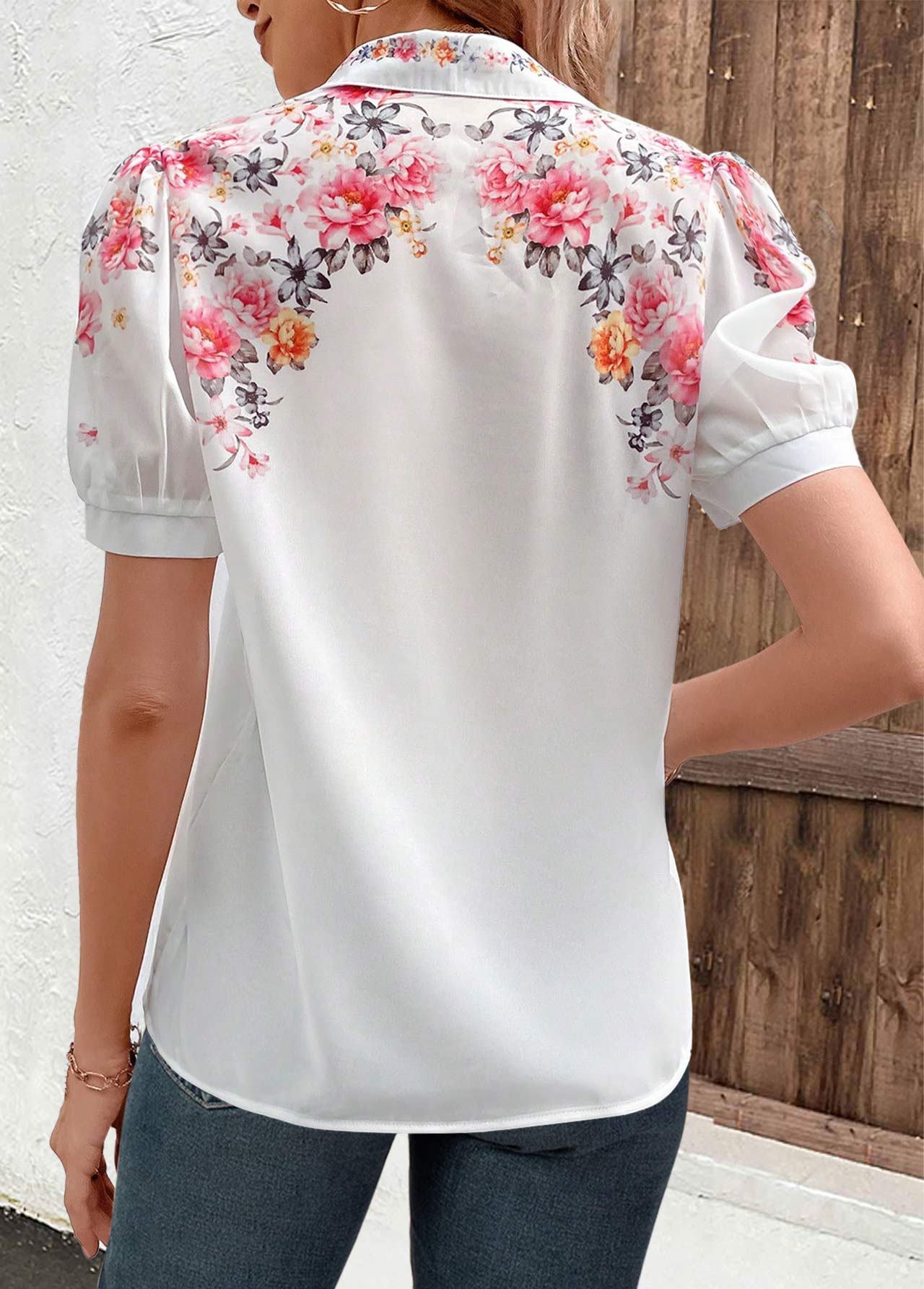 Valentine's Day White Button Floral Print Short Sleeve Blouse | picture 