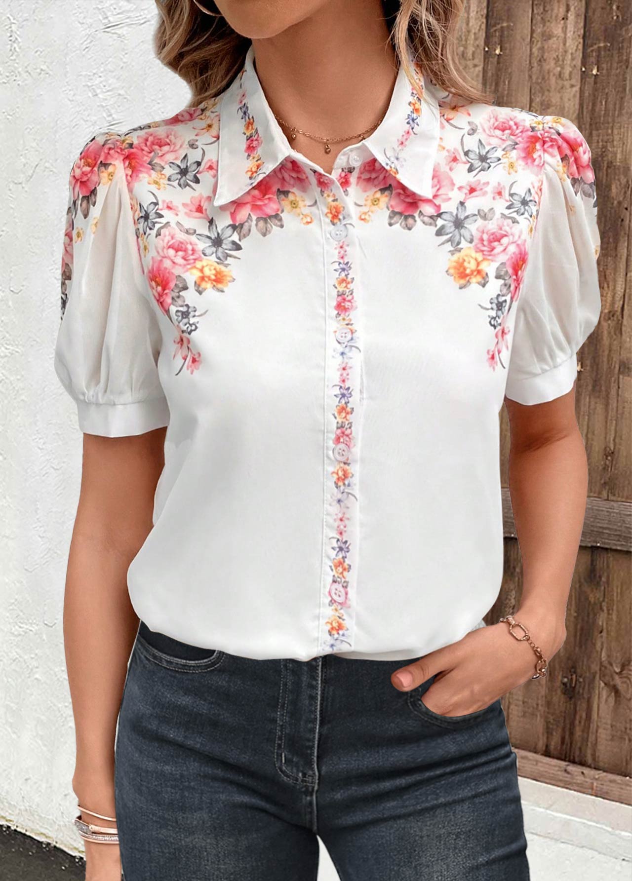 Valentine's Day White Button Floral Print Short Sleeve Blouse | picture 