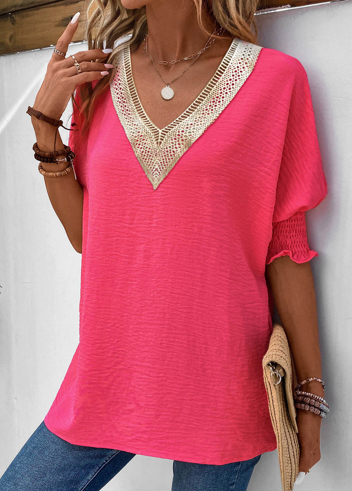 Hot Pink Smocked Half Sleeve T Shirt | picture 