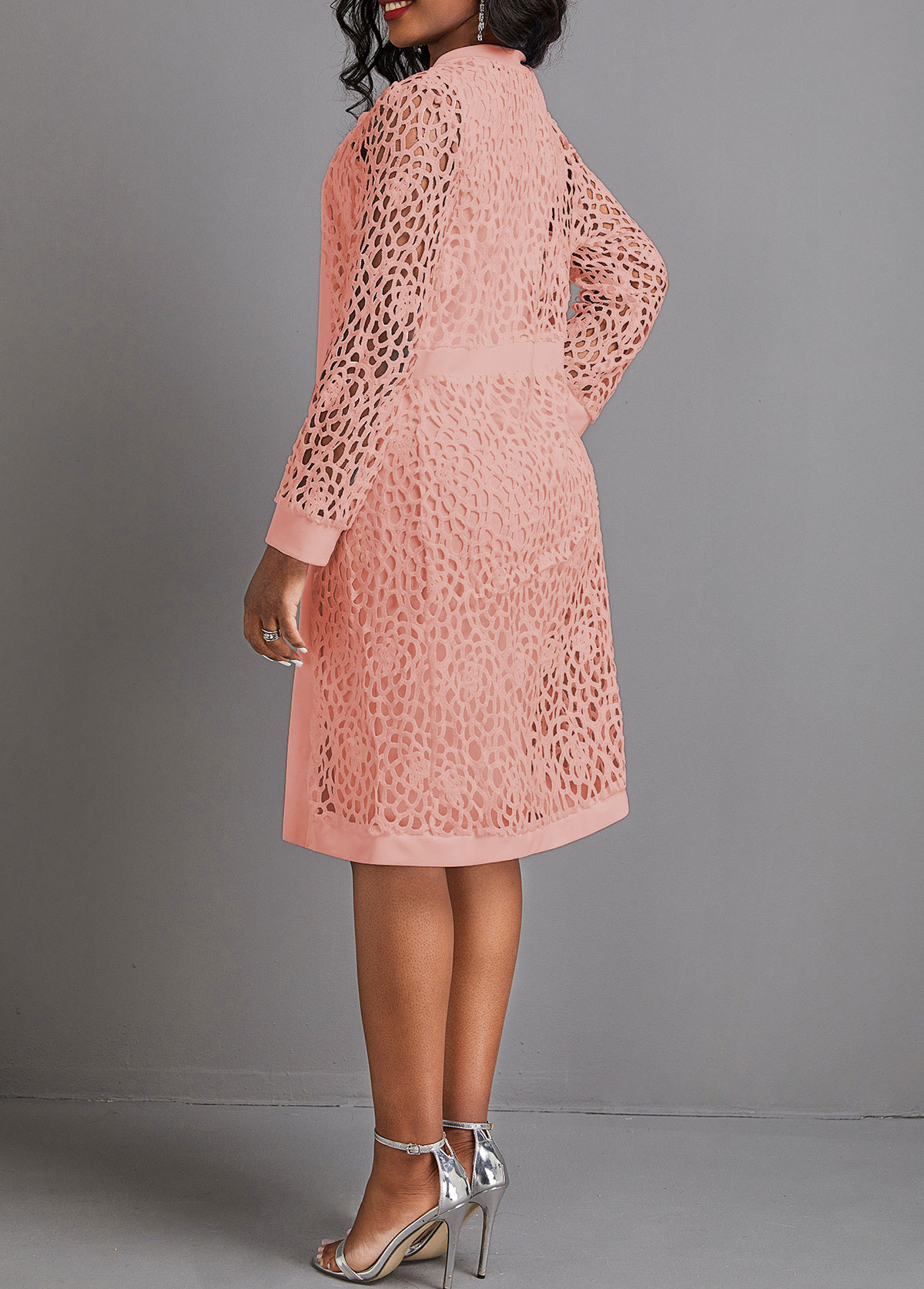 Pink Two Piece Long Sleeve Round Neck Dress and Cardigan
