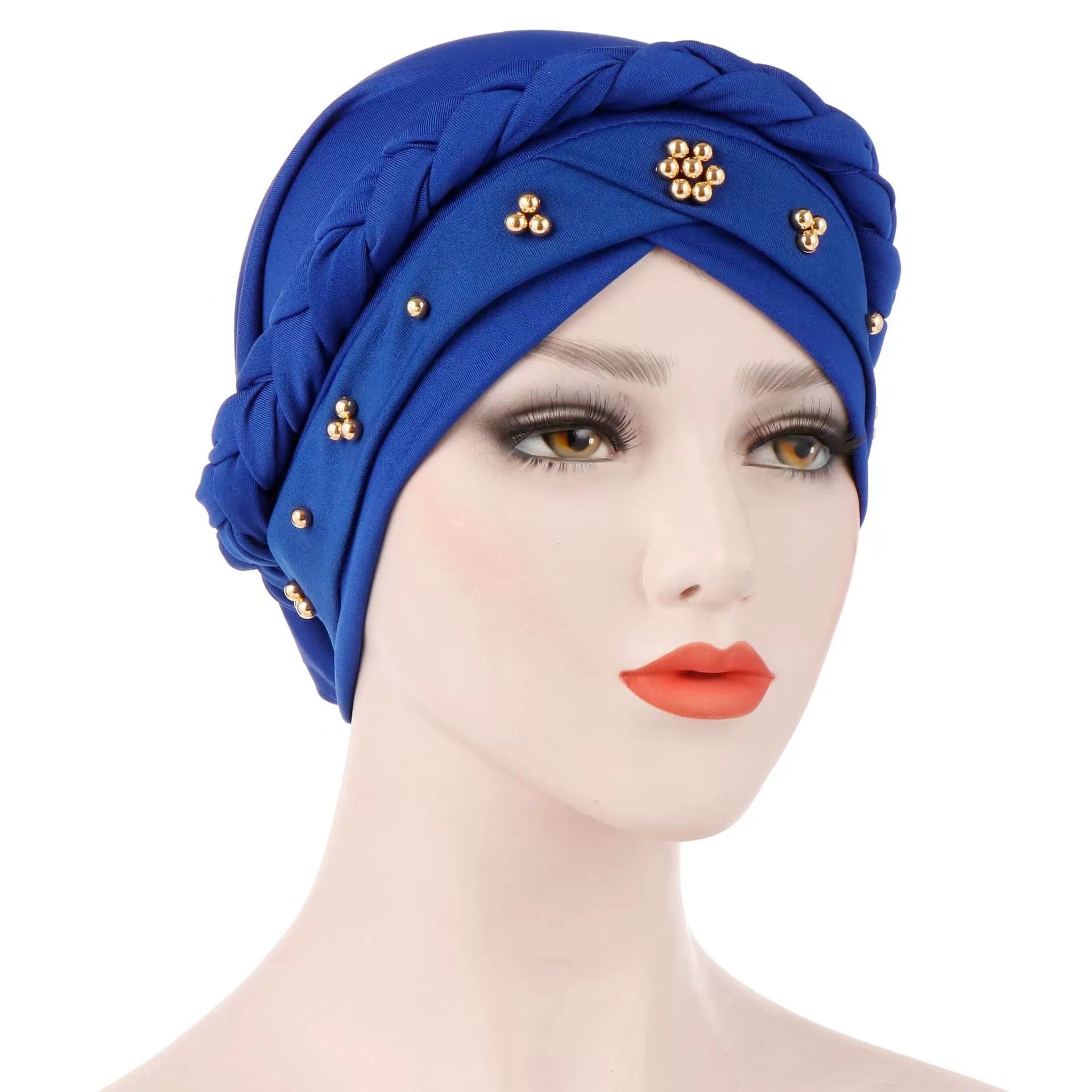 Pearl Polyester Detail Blue Turban Hat