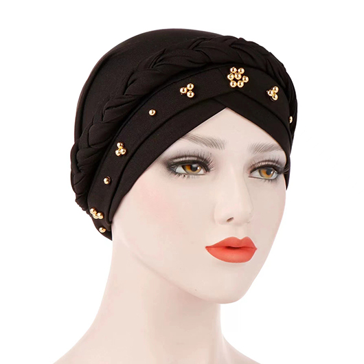 Pearl Polyester Detail Black Turban Hat
