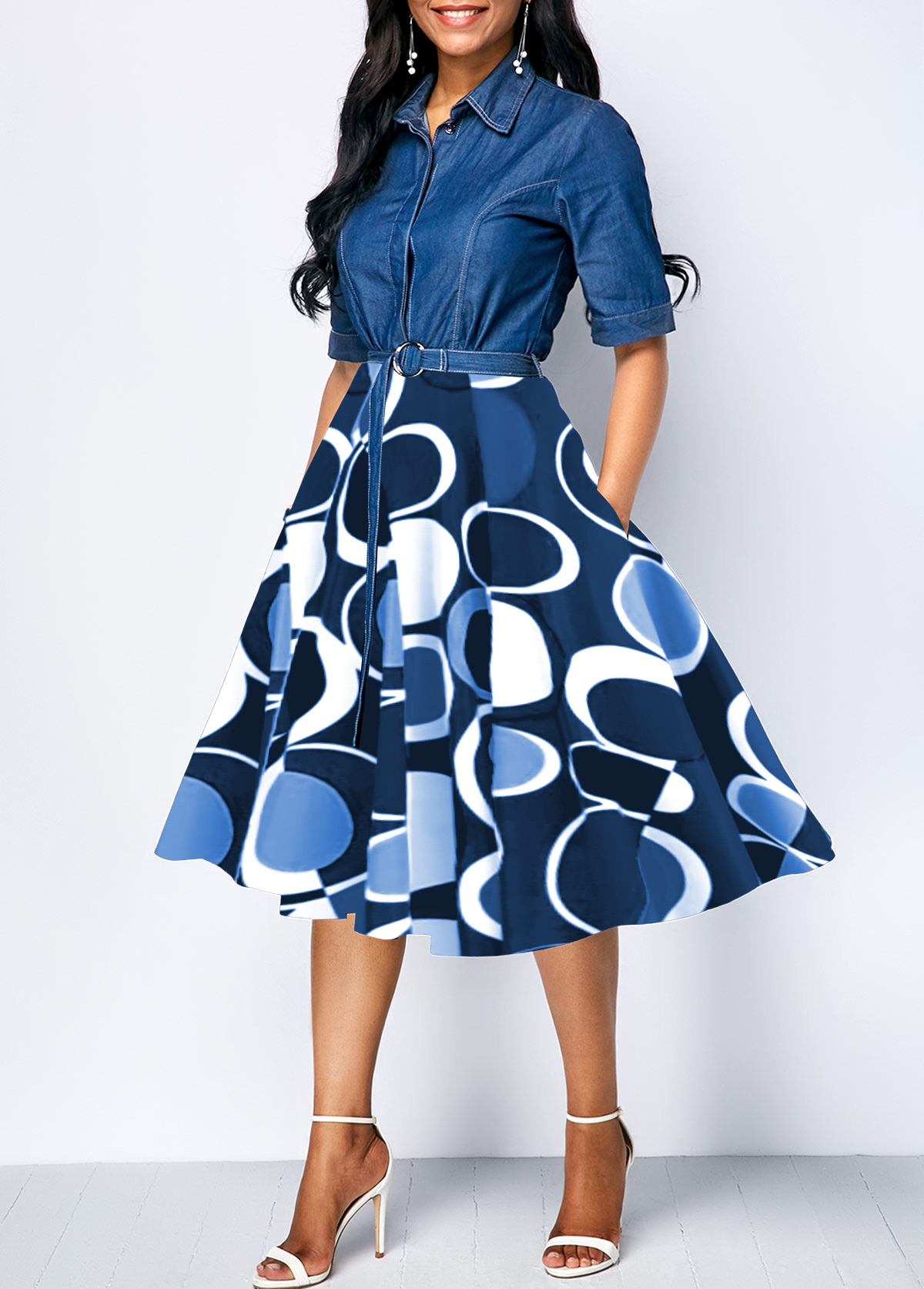 Denim Blue Circular Ring Geometric Print Belted Dress