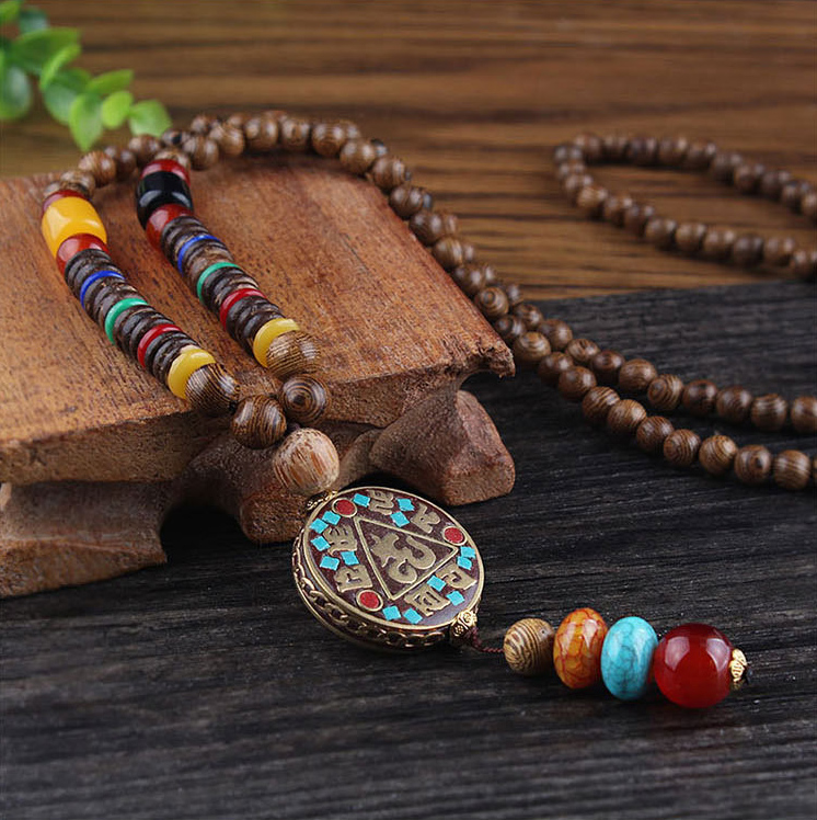 Multi Color Round Tribal Design Wooden Necklace