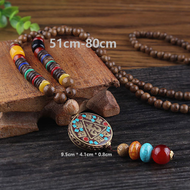 Multi Color Round Tribal Design Wooden Necklace