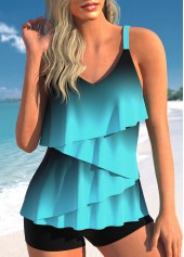 Layered Hem Ombre Cyan Tankini Set