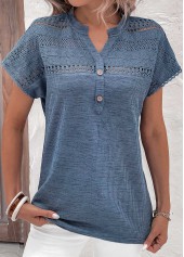 Dusty Blue Lace Short Sleeve Split Neck Blouse