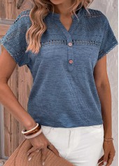 Dusty Blue Lace Short Sleeve Split Neck Blouse