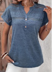 Dusty Blue Lace Short Sleeve Split Neck Blouse