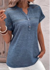 Dusty Blue Lace Short Sleeve Split Neck Blouse
