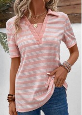 Pink Eyelet Striped Short Sleeve Shirt Collar Blouse | thumb picture 