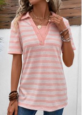 Pink Eyelet Striped Short Sleeve Shirt Collar Blouse