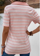 Pink Eyelet Striped Short Sleeve Shirt Collar Blouse | thumb picture 