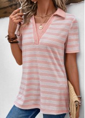 Pink Eyelet Striped Short Sleeve Shirt Collar Blouse | thumb picture 
