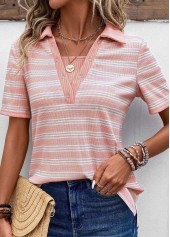 Pink Eyelet Striped Short Sleeve Shirt Collar Blouse | thumb picture 