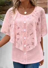Pink Button Half Sleeve Round Neck Blouse | modlily.com - USD 35.98