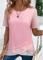 Pink Cross Hem Short Sleeve Round Neck Blouse