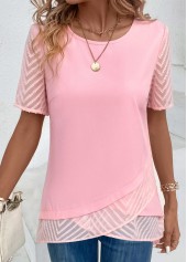 Pink Cross Hem Short Sleeve Round Neck Blouse