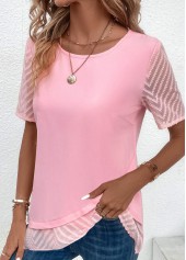 Pink Cross Hem Short Sleeve Round Neck Blouse
