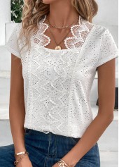 White Patchwork Short Sleeve Scoop Neck Blouse