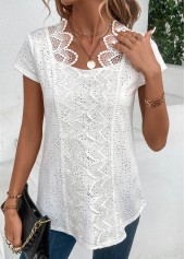 White Patchwork Short Sleeve Scoop Neck Blouse