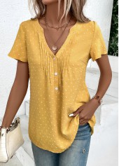 Light Yellow Jacquard Short Sleeve V Neck Blouse