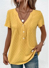 Light Yellow Jacquard Short Sleeve V Neck Blouse