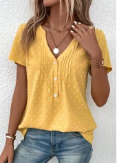 Light Yellow Jacquard Short Sleeve V Neck Blouse