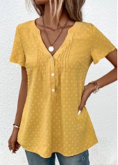 Light Yellow Jacquard Short Sleeve V Neck Blouse