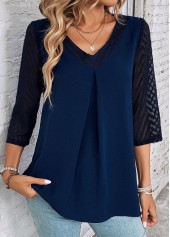 Navy Patchwork Three Quarter Length Sleeve Blouse
